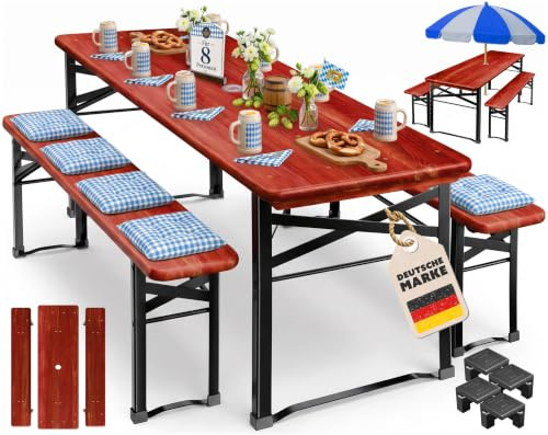 KESSER Ensemble de meubles de jardin 3 pièces - Pliable - 170 x 46 x 75 cm - 2 bancs à bière et 1 table à bière - Ensemble de chapiteau - Table mange-debout en bois - 12 protections de sol