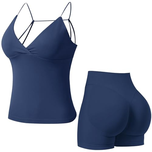 MAYROUND Gym Sets for Women 2 Piece Strappy Back Twist Front Longline Top Hidden Scrunch Shorts Workout Set Outfits