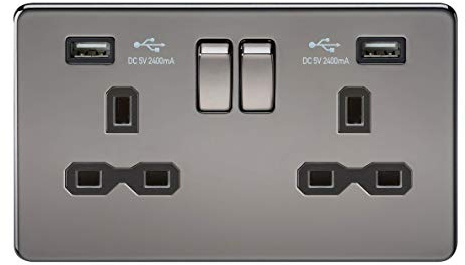 Knightsbridge SFR9224BN Screwless Flat Plate Switched Socket with Dual USB, 230 V, Black Nickel