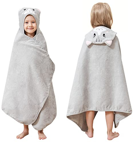 Style Quarters 100% Cotton Kids Hooded Bath Towel with Embroidery - Large 50x24 Soft Terry Toddler Beach Towel, Cartoon Cat Hooded Towel for Boys & Girls (Grey Cat)