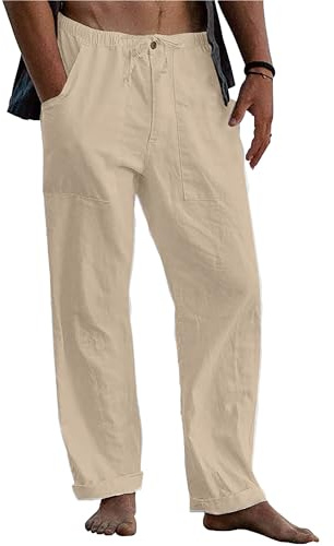 LVCBL Pantaloni Sportivi Casual in Lino da Uomo Estivi Larghi per Yoga Spiaggia con Elastico in Vita, Kaki, XXL