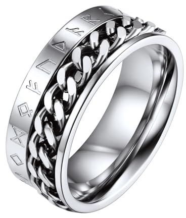 FaithHeart Anillo de acero inoxidable para hombre y mujer, cadena, anillo de dedo para girar, runa vikinga, punk, vikingo, joyería hip pop, anillo con caja de regalo para cumpleaños, día de San