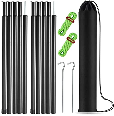 Tent Poles Adjustable Tarp Poles Steel Rods for Tarp Canopy Camping Replacement Set of 2 +Pegs & Reflective Ropes (Black)