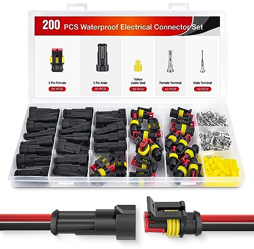 Nilight 200PCS 2 Pin Electrical Connector ‎Plug Male Female Terminal Wire Waterproof Connectors 2 Way Automotive Connect Set for Car Truck Motorcycle Marine Boat 20 Sets