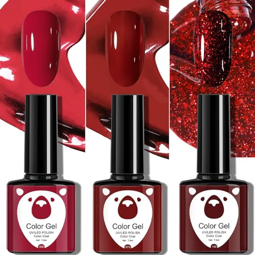 Red Gel Nail Polish Set, Glitter Dark Red Burgundy Cherry Red Gel Polish Sets Soak Off LED/UV Lamp Manicure Long Lasting Nail Varnish Kit for Christmas Women Nail Art Salon DIY Home