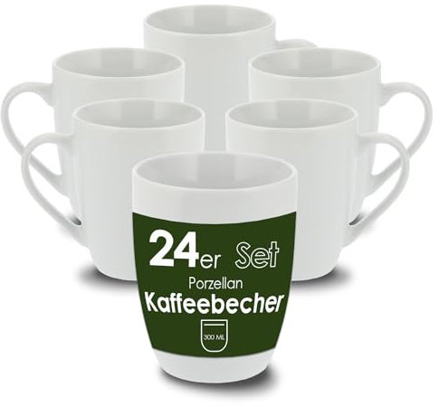 Level One 24 Stück Kaffeebecher 300ml aus hochwertigem Porzellan, Kaffeetasse in weiß, Kaffeebecher mit Henkel, Spülmaschinen- & Mikrowellengeeignet