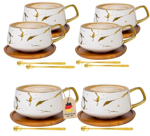 INTIRILIFE 6x Tazza in ceramica con design marmo in Bianco - circa 200 ml - Tazza da caffè, tazza da tè con sottobicchiere in legno