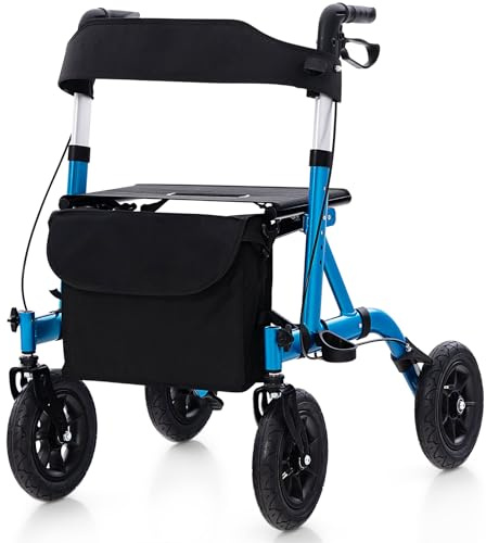 RELAX4LIFE Deambulatore per Anziani con 4 Ruote Pneumatiche, Portata Max 136KG, Rollator Girello Pieghevole in Alluminio Ultraleggero con Sedile, Massima Comfort all'Aperto (Blu, Classico)