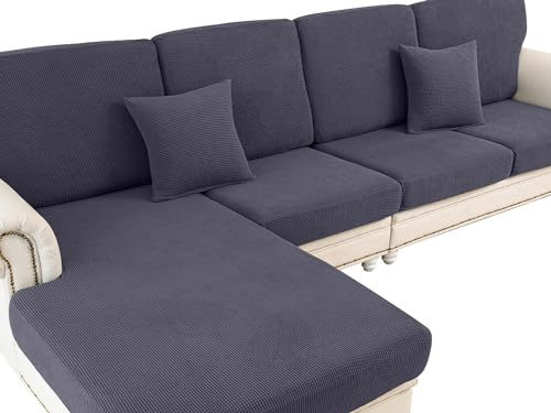 LA MEACK Couch Cushion Covers for Sectional Sofa L Shape Washable Separate Seat Chaise Couch Cover Stretch Sofa Slipcovers with 2 Pcs Pillowcases(2 Seater + 1 Chaise, Dark Grey)