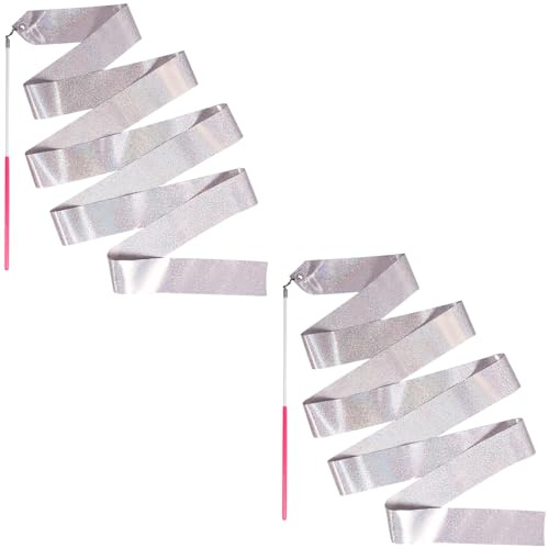 HiUnicorn 2PCS Sparkly Silver Dance Ribbons for Kids Party Favor, 6.6 Ft Streamer Ribbon Dancer Wand for Toddler Gymnastics Rhythmic Dancing, Worship Praise, Talent Show, Outdoor Toy