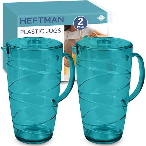 HEFTMAN Jarras de plástico azules de 2 litros – Paquete de 2 jarras de plástico con tapa y boquilla ventilada, ideal como jarra de agua para barbacoas, cócteles, fiestas, camping y uso diario en