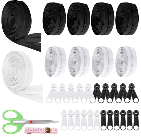 Glarks Juego de 62 cintas de cremallera de nailon blanco y negro #5 que incluye 10 rollos de cremallera de costura de 3 yardas, 40 deslizadores de cremallera de metal, 10 deslizadores de doble