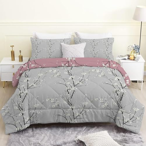 Linfye Bettdecke 155x220 4 Jahreszeiten, Graue Pflaumenblüte Wende Steppdecke 155x200 Ganzjahresdecke Bettdecken, Zweigpflanzen Schlafdecke Waschbar Zudecke Vierjahreszeiten mit 2 Kissenbezug 80x80cm
