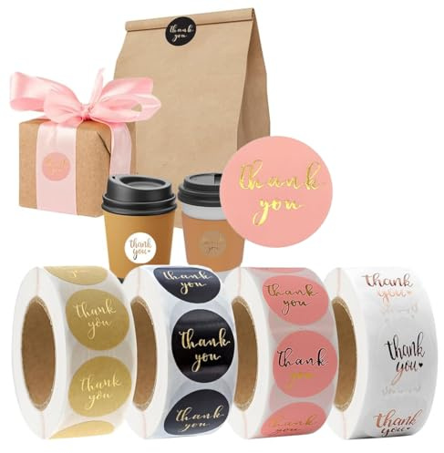 Aililong 2000 adesivi Dankeschön – 4 rotoli in 4 colori, accessori per imballaggi, buste, confezioni regalo e artigianato, adesivi di ringraziamento natalizi