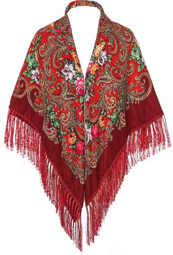 Russian Style Muffler Scarves Women's Traditional Scarf Wrap Tassel Shawl Fringes Neck Head Shawl Retro Scarf Floral Poncho Printing Cape/Wine Red