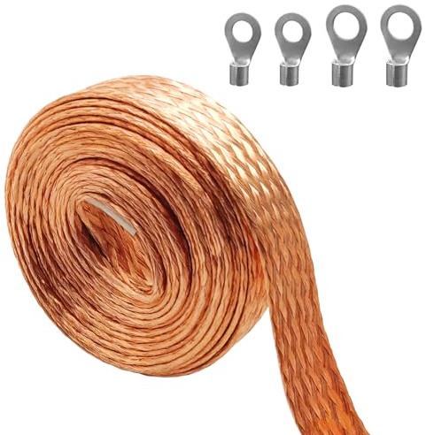 9.84ft 1/2 inch Flat Copper Braided Ground Strap Wire Sleeve Expandable Shielding Wire Mesh with Rings Terminal for Ground Protection Cable