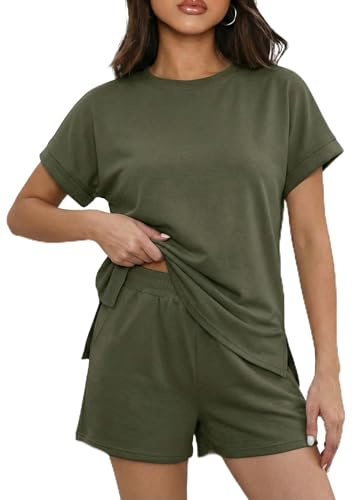 IWOLLENCE Husdräkt dam tvådelad sportset, loungewear dam tracksuit med elastisk linning och fickor, Armégrön, M