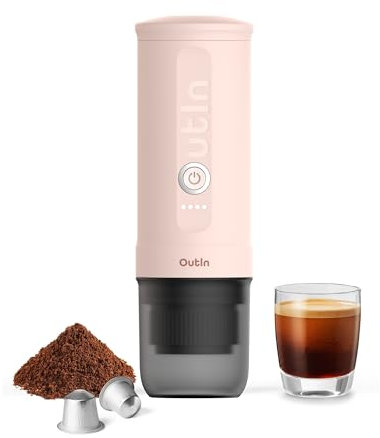 OutIn Nano Macchina da caffè espresso elettrica portatile, caffettiera da viaggio per il campeggio, caffettiera da auto auto-riscaldamento con USB-C, con caffè macinato e capsula NS