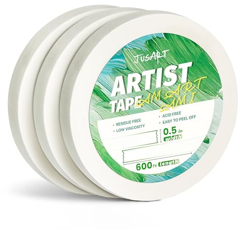 JusArt 3-pack konstnärstejp för akvarellpapper, 1/2 tum bred, totalt 600 fot lång, vit konstnärstejp för ritningstest, storskalig målning, syrafri, låg klibbighet