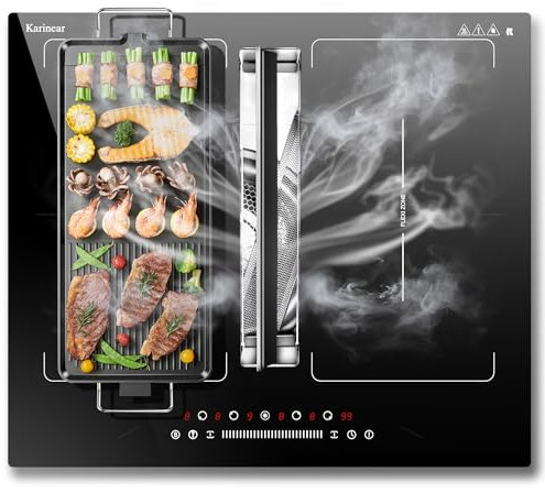 Karinear Plaque Induction Flexizone avec Hotte Aspirante, Table de Cuisson Induction 4 Foyers avec Booster, Timer, Pause, Plaque Electrique 4 Feux 7200W et Hotte Aspirante 145 W, 220-240V, sans prise