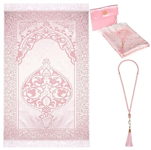 YYTECH bönematta med bönpärlor, muslimsk mjuk mat, för kvinnor och män, islamisk bönematta-set, presenter till Ramadan Eid Bayram (rosa)