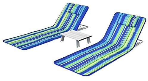 FANTASK Set di 2 tappetini da spiaggia con tavolino, cuscino e vano portaoggetti, con schienale regolabile, sdraio da spiaggia (verde)