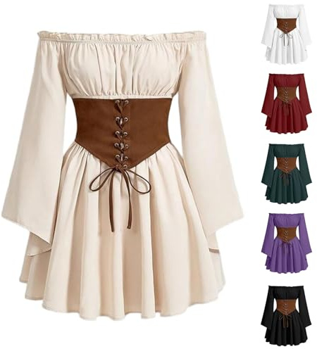 BVEBJDX Womens Renaissance Mini Dress Off Shoulder Gothic Victorian Dresses with Corset Vintage Medieval Costume Pirate Fancy Dress Cosplay Halloween Costume Retro Ruffle A-Line Dresses Beige
