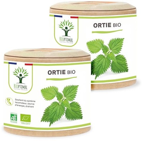 Ortie Bio - Bioptimal - Complément Alimentaire - Silicium Organique - Poudre de Feuille Ortie Pure - Articulation Peau Circulation - 250 mg/gélule - Cultivé en France - Certifié Ecocert - 2x60 gélules