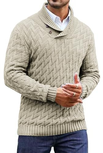 Generisch Pull en tricot pour homme - Col superposé - Pull d'hiver - Col en V - Sous-pull - Chaud - Grosse maille - Pull thermique à manches longues - Élégant pull d'affaires en tricot - Hauts, beige