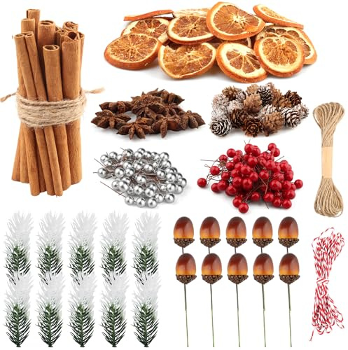 232 Pezzi Corona di Natale Accessori, Decorative Natalizie Pigne, Arancia Essiccata, Cannella Stecche, Anice Stellato, Ramo di Pino, Bacche, Decorazioni per Ghirlanda Fai Da Te Albero di Natale