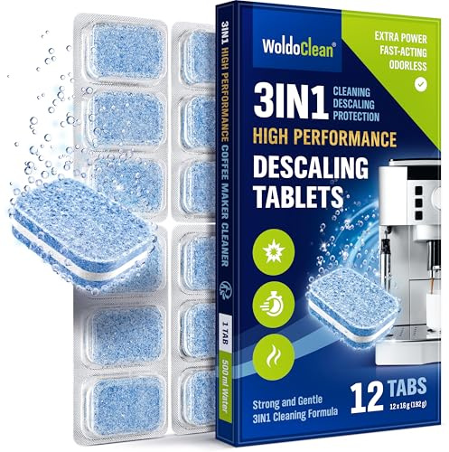 WoldoClean Pastillas descalcificadoras 3 en 1, 12 unidades, herméticas en blíster, pastillas descalcificadoras compatibles con DeLonghi, Siemens, Jura y Philips