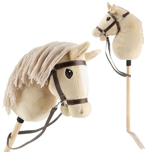 Bieco Hobby Horse Steckenpferd Beige - Größe S, mit Trense | Abnehmbarer Stock & Schweif, für Springreiten, Dressur & Spielen | Hobby Horse Pferde