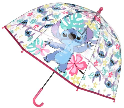 Ombrello cupola Stitch Disney per bambini trasparente POE 74 cm apertura manuale manico curvo rosa impermeabile