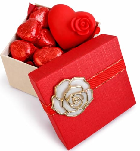 Scatola Cofanetto + 84gr Praline di Cioccolato al Latte con Ripieno Cremoso al gusto latte + Cuore Rosso Luminoso 6cm - Regalo San Valentino