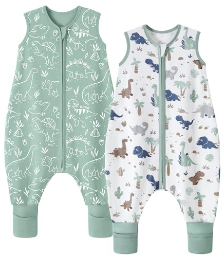 FIEMOLSaco de Dormir Bebe Verano Tog 0,5 Saco de Dormir con Piernas niño 3-4 años 100% Algodón Saquito de Dormir niño con pies Dinosaurio Verde