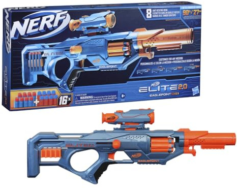 NERF Elite 2.0 Eaglepoint RD-8 Blaster – 8-Dart-Trommel, abnehmbares Zielfernrohr und Schaft, 16 offizielle Elite Darts, Bolt Action