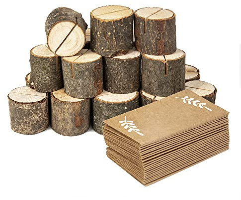 Jofefe 20Pcs Wood Place Card Holders and 24Pcs Kraft Table Place Cards, Rustic Table Number Holders, Food Labels, Name Card Photo Picture Holders for Harvest Fall Thanksgiving Wedding Birthday Party.