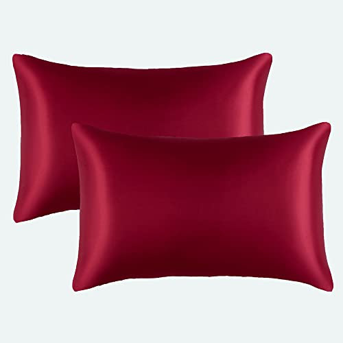 Omela 2er Set Satin Kissenbezüge 40 x 80 cm Weinrot Glatt Doppelpack Seidig Kopfkissenbezug Kissenbezug 40x80 mit verdeckter Reißverschluss aus Mikrofaser für Haar-und Hautpflege Rot