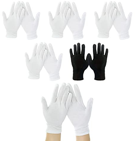 4 gants blancs + 1 gant noir pour l'eczéma, peau sensible sèche irritée, protection de la lotion pour les mains pendant la nuit, travail quotidien, 100% coton, taille 22,9 cm (5 paires)