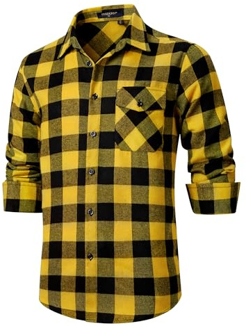 HISDERN Mens Plaid Flannel Shirts Long Sleeve for Men Casual Lumberjack Shirt Checked Button Down Regular Fit Yellow M