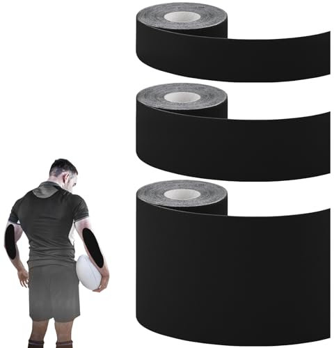 3 Rollen Tape Fussball, Leicht zu Reißen Keine Kleberückstände Tapeband Fussball Extra Breit Wasserdicht Atmungsaktiv Sporttape für Sportler Sporttrainer Übungen (Schwarz)