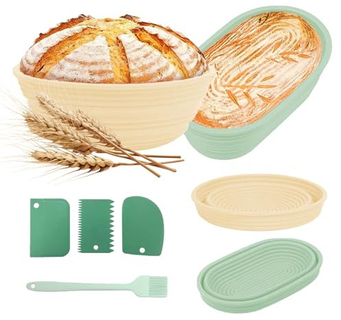 Qivine Set de 6 Fermentaciób Cestas, 22cm Redonda 24,5cm Ovalada Silicona Fermentación Cesta con Cuchillo de Panadero y Cepillo, Pan Cesta de Panadería Banneton para 900g-1000g Masa