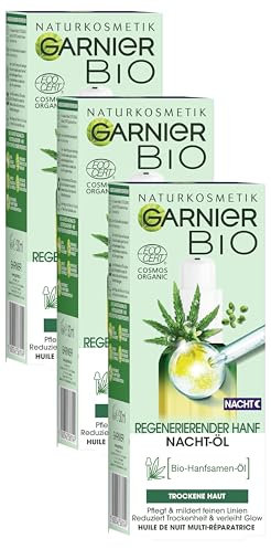 Garnier Bio-Hanf Erholung & Regeneration Nacht-Öl, Vegane Gesichtspflege gegen gestresste und strapazierte Haut, Garnier Bio, 30 ml (Packung mit 3)