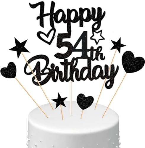Conruich Decoración para tarta de 54 cumpleaños para hombre, decoración para tartas Happy 54th Birthday Negro, purpurina, decoración para tartas de 54 años, globos de confeti, abanico de papel para