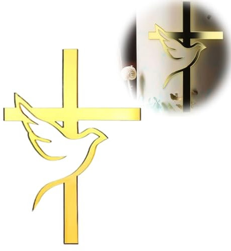 Fc'Noqgn 1 Piece Cake Topper Cross Cake Salver Dove Gold Acrylic Cake Topper, Rainbow Colour Mirror Effect with Cross and Leaves for Weddings, Birthdays, Christmas, Parties and More !