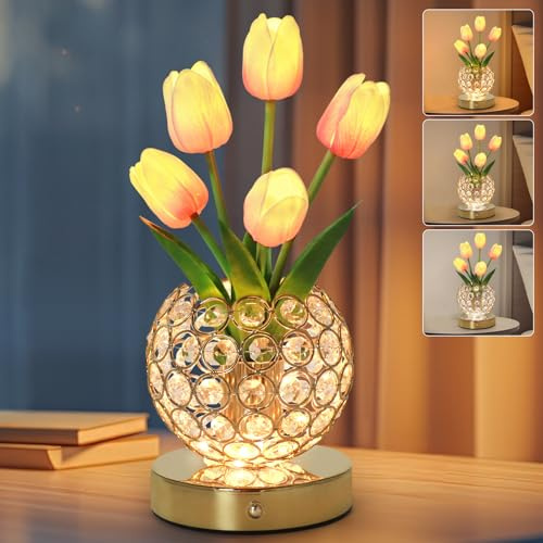 Lampade a forma di tulipano, luce notturna in cristallo dimmerabile, 3 colori, luce notturna ricaricabile, fiore artificiale a LED con vaso, decorazione romantica per appuntamenti e feste a casa
