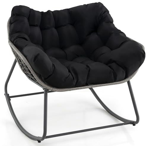 COSTWAY Outdoor Rocking Chair, Oversized Patio Wicker Egg Chair with Thick and Removable Cushion, Rattan Comfy Rocking Lounge Chairs for Living Room, Balcony & Yard (Black, 100 x 98 x 89 cm)