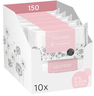 Lingettes avec prébiotiques LILLYDOO, 150 unités (10x15), renforcent la barrière naturelle de la peau, tissu 100% sans plastique, douces et sans parfum, testées dermatologiquement