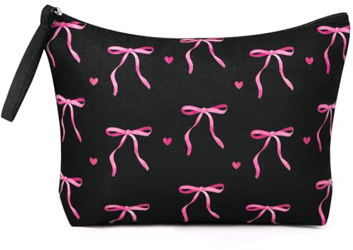 BETESSIN Kosmetiktasche Klein für Handtasche - Schminktäschchen mit Schleifen Motiv - Kulturtasche Damen Schwarz - Make up Tasche mit Reißverschluss - Kleine Geschenke für Frauen & Mädchen