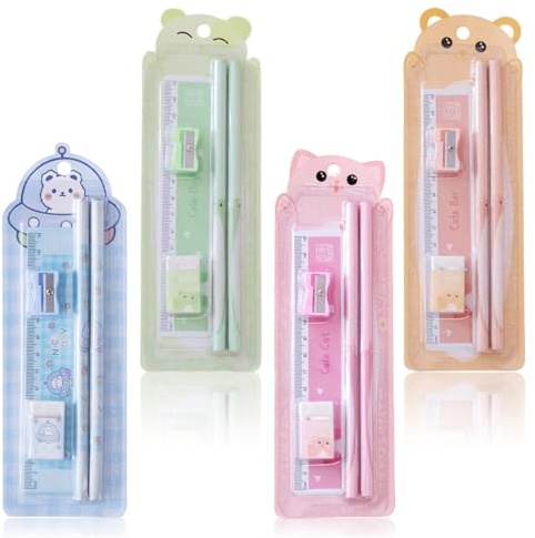 CEJAS 4 Set Cute Cancelleria, Set Scolastico con Matite, Gomma, Righello e Temperamatite, Regalo per il Ritorno a Scuola con Simpatici Articoli Scolastici, Regalo per i Compleanni dei Bambini